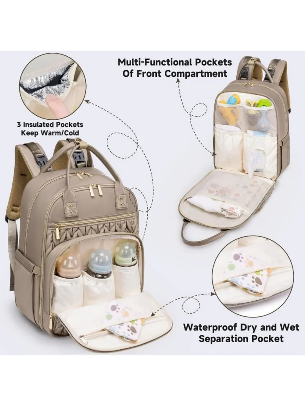 Stylish Waterproof Diaper Bag Backpack with Changing Pad & Insulated Pockets